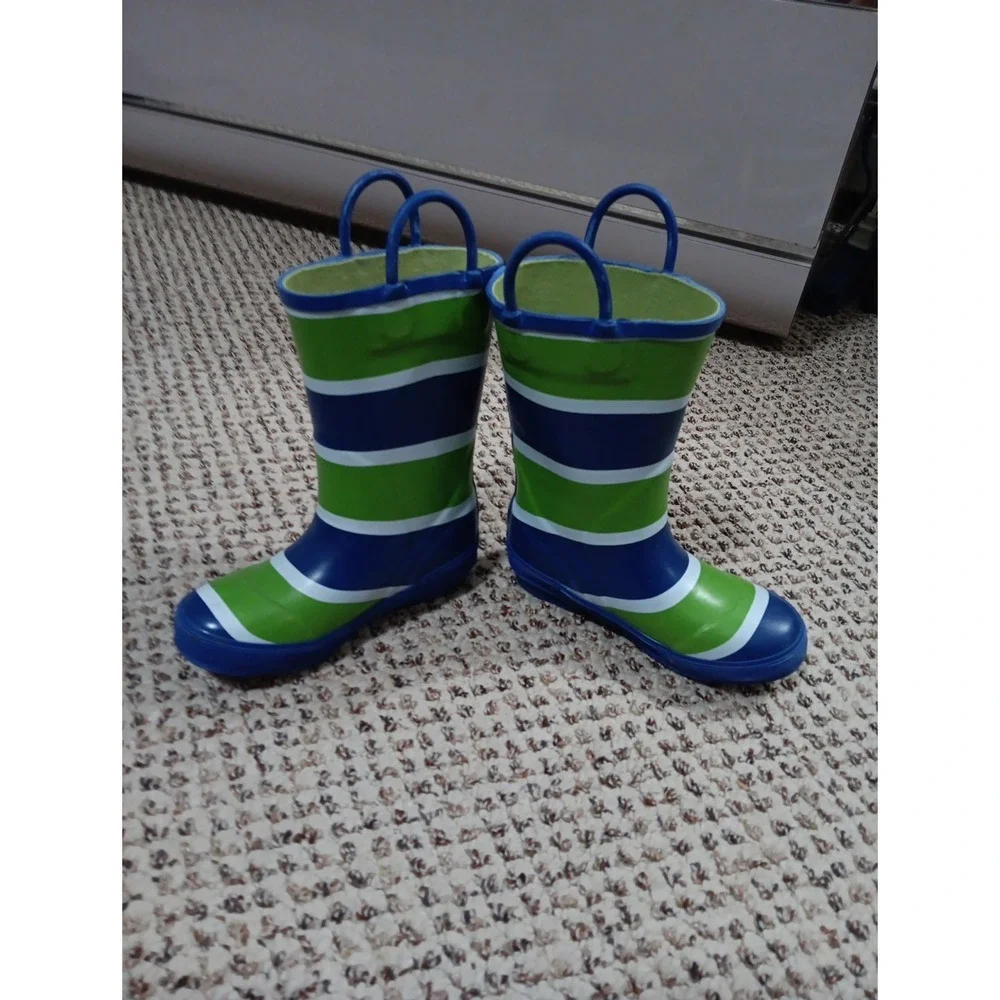 L.L. Bean Toddler Puddle Stompers Green And Blue Striped Rain Boots Size 9